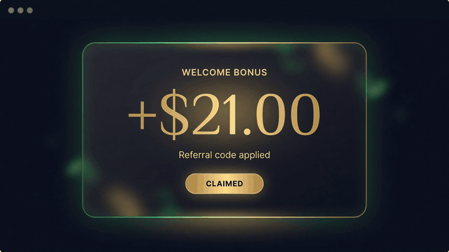 Animation of the 21 USD welcome bonus when using code Tg77L5Oj